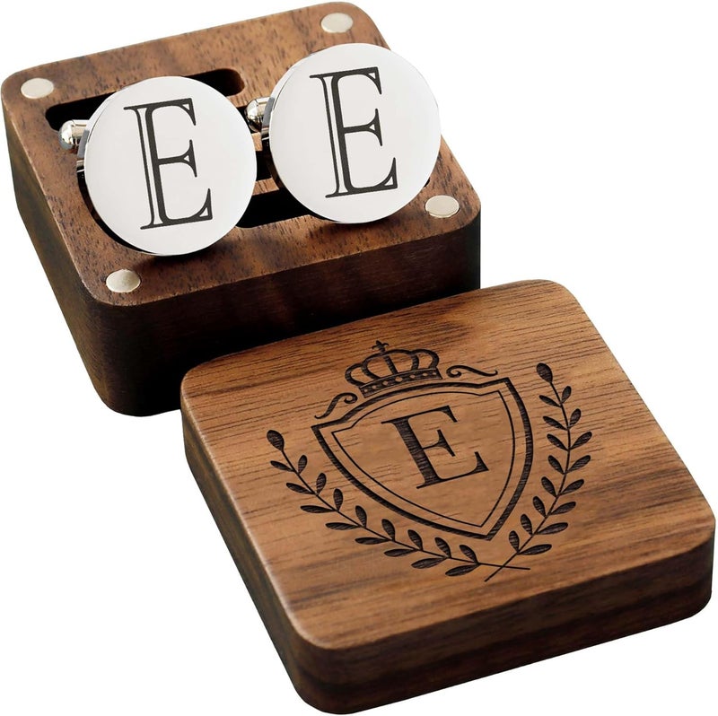 SeemDanten Mens Classic Initial Cuff links A-Z Alphabet 26 Letters Stainless Steel Silver CuffLinks with Engraved Walnut Wood Gift Box Business Wedding Set - Image 2